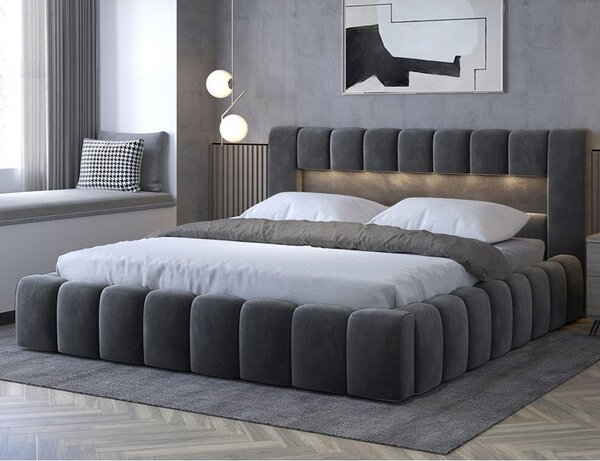 Szürke kárpitozott ágyneműtartós franciaágy ágyráccsal 180x200 cm Lamica – ELTAP