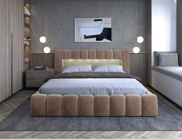 Világosbarna kárpitozott ágyneműtartós franciaágy ágyráccsal 180x200 cm Lamica – ELTAP
