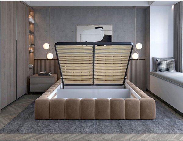 Világosbarna kárpitozott ágyneműtartós franciaágy ágyráccsal 180x200 cm Lamica – ELTAP