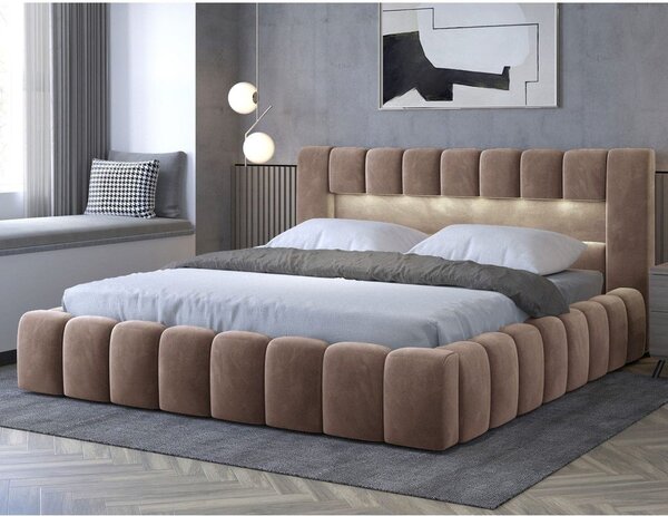 Világosbarna kárpitozott ágyneműtartós franciaágy ágyráccsal 180x200 cm Lamica – ELTAP
