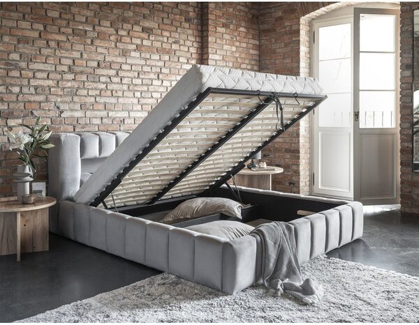Világosszürke kárpitozott ágyneműtartós franciaágy ágyráccsal 140x200 cm Lamica – ELTAP