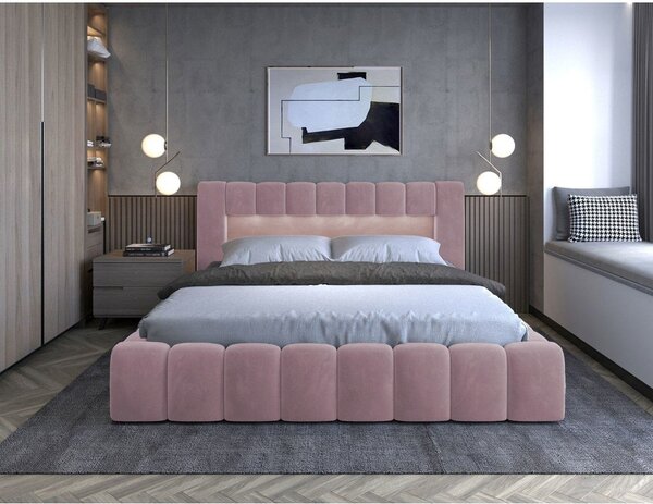 Rózsaszín kárpitozott ágyneműtartós franciaágy ágyráccsal 180x200 cm Lamica – ELTAP