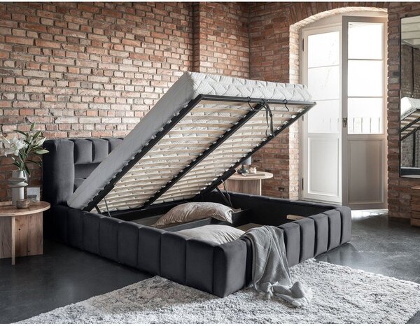 Szürke kárpitozott ágyneműtartós franciaágy ágyráccsal 180x200 cm Lamica – ELTAP
