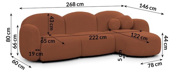 Terrakotta színű buklé sarokkanapé (jobb oldali-heverő résszel) Orbit – Ropez