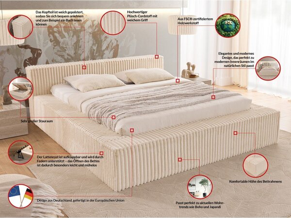 Bézs kárpitozott ágyneműtartós franciaágy ágyráccsal 160x200 cm Cloe – Ropez