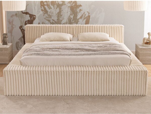 Bézs kárpitozott ágyneműtartós franciaágy ágyráccsal 160x200 cm Cloe – Ropez