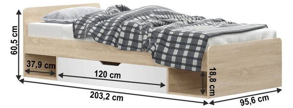 Ágy 1S/90, fehér/tölgy sonoma, TEYO