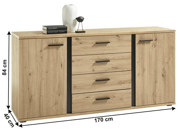 Komód, artisan tölgy/fekete, KANODE