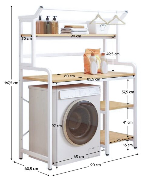 KONDELA Polcállvány mosógép fölé, tölgy natural/fehér, DARBY