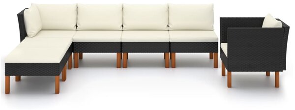 7 részes fekete polyrattan és eukaliptuszfa kerti ülőgarnitúra