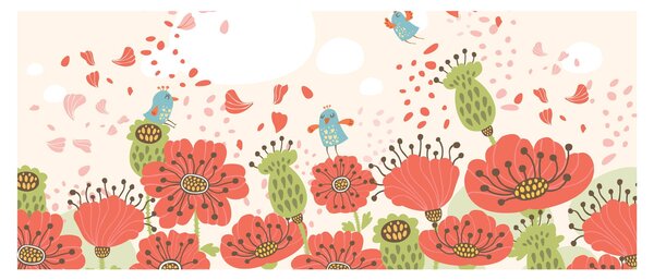 Kép - Madarak egy virágzó réten (120x50 cm)