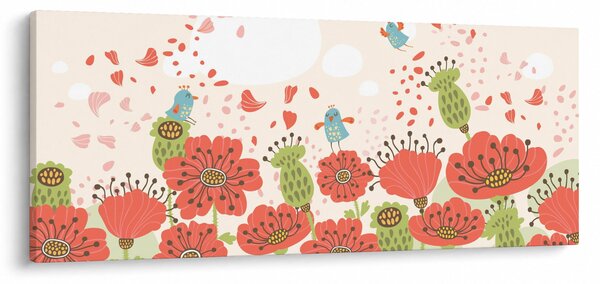 Kép - Madarak egy virágzó réten (120x50 cm)
