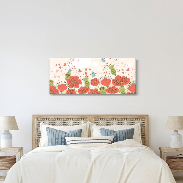 Kép - Madarak egy virágzó réten (120x50 cm)