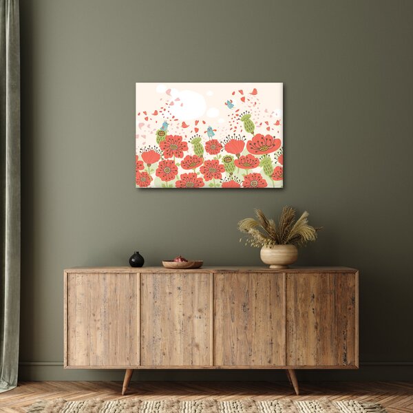 Kép - Madarak egy virágzó réten (70x50 cm)