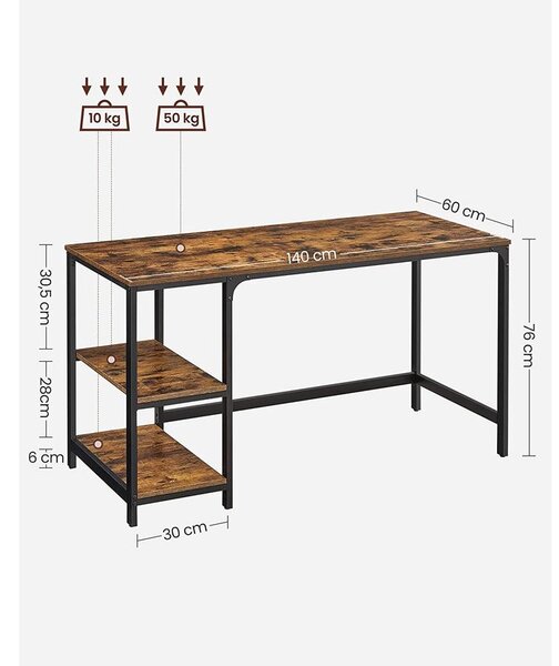 Számítógépesasztal 140x60 cm, Irodai asztal 2 polccal jobb vagy bal oldal, barna- fekete | VASAGLE