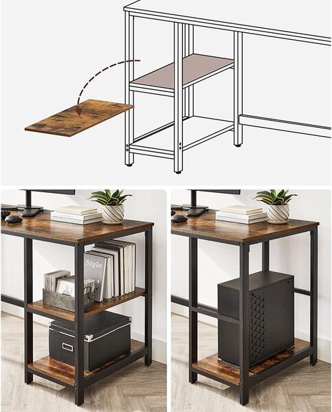 Számítógépesasztal 140x60 cm, Irodai asztal 2 polccal jobb vagy bal oldal, barna- fekete | VASAGLE