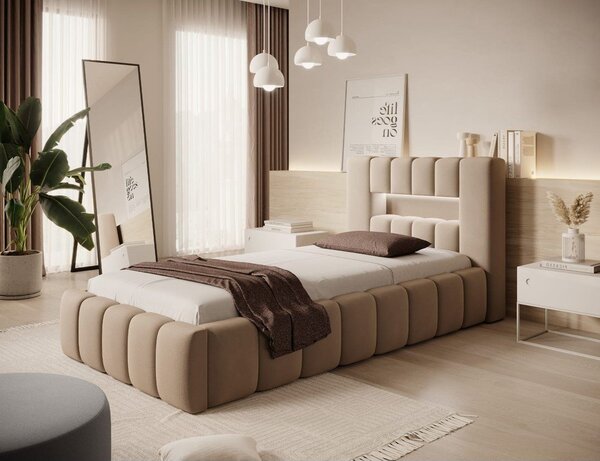 Világosbarna kárpitozott ágyneműtartós egyszemélyes ágy ágyráccsal 90x200 cm Lamica – ELTAP