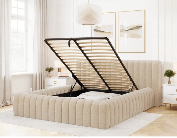 Bézs kárpitozott ágyneműtartós franciaágy ágyráccsal 180x200 cm Carilla – ELTAP