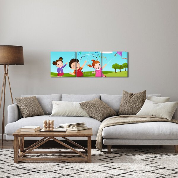 Kép - Sárkányrepülőt éngedő gyermekek (órával) (90x30 cm)