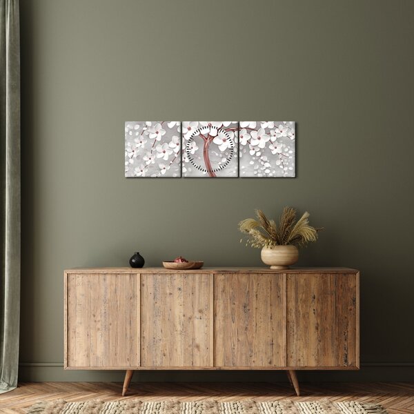 Kép - Egy fehér fa képe virágokkal, rózsaarany (órával) (90x30 cm)