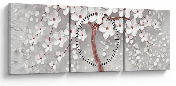 Kép - Egy fehér fa képe virágokkal, rózsaarany (órával) (90x30 cm)