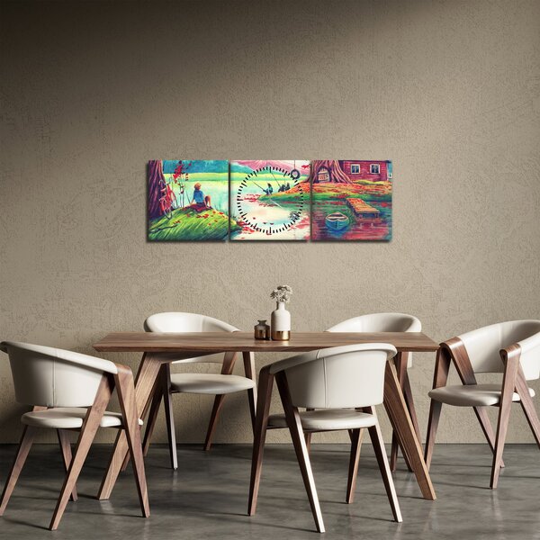 Kép - akvarell, Öböl egy hegyi faluban (órával) (90x30 cm)