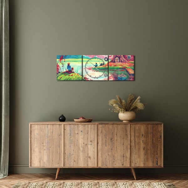 Kép - akvarell, Öböl egy hegyi faluban (órával) (90x30 cm)