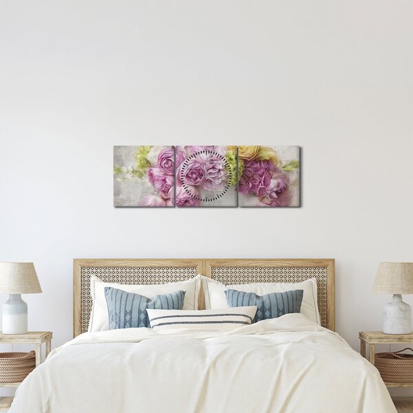 Kép - Virágok a falon pasztell színekben (órával) (90x30 cm)