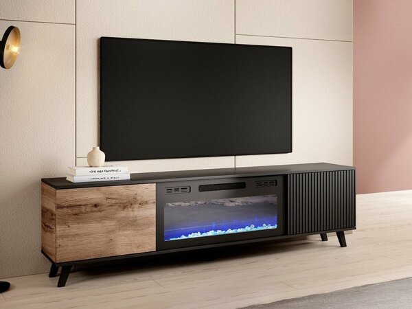 TV-állvány Luelia 121, Közepes sűrűségű farostlemez, Laminált forgácslap, 52x180x40cm, Fekete, Wotan tölgy