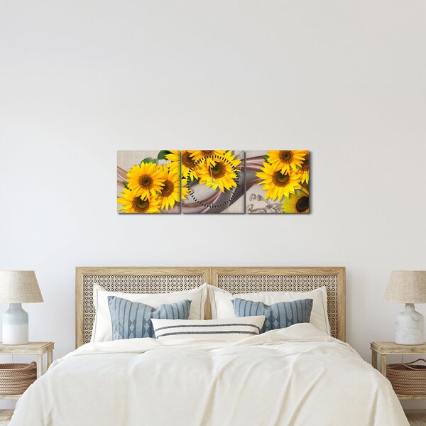Kép - Ragyogó napraforgó virágok (órával) (90x30 cm)