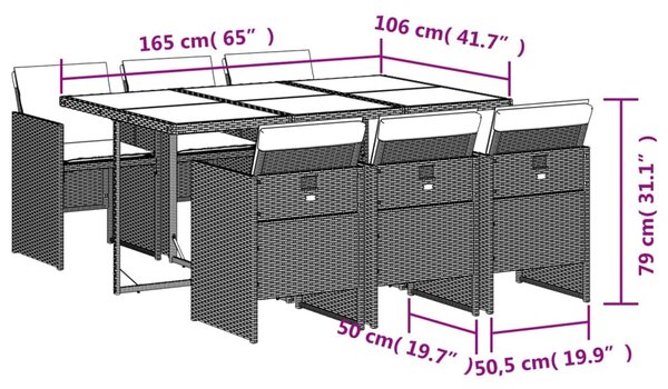 7 részes világosszürke polyrattan kerti étkezőszett párnával