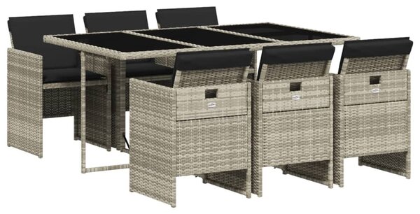 7 részes világosszürke polyrattan kerti étkezőszett párnával