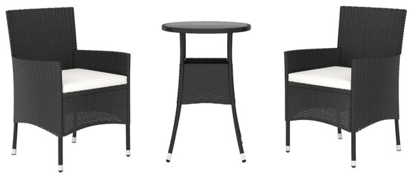 3 részes fekete polyrattan kerti bisztrógarnitúra párnákkal