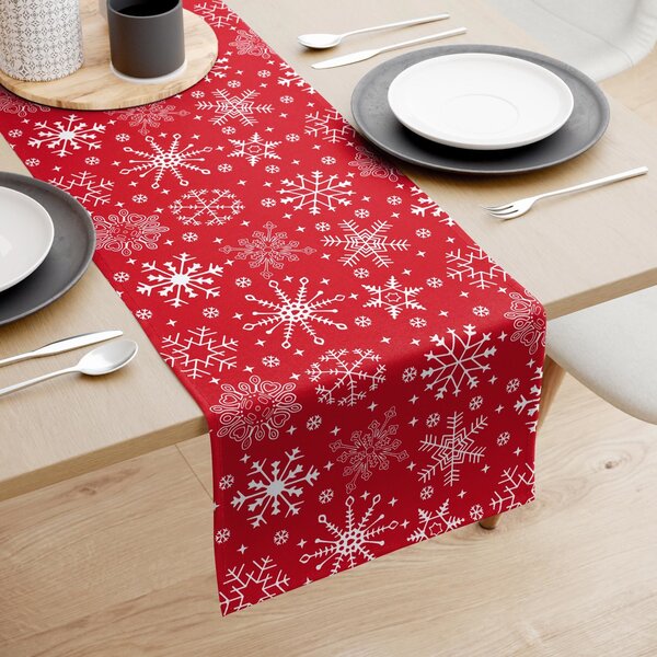 Goldea karácsonyi pamut asztali futó - hópihék piros alapon 35x140 cm
