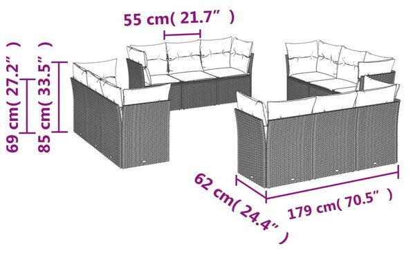 12 részes fekete polyrattan kerti ülőgarnitúra párnákkal