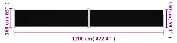 Fekete behúzható oldalsó napellenző 160 x 1200 cm