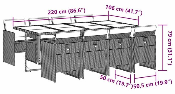 9részes világosszürke polyrattan kerti étkezőgarnitúra párnával