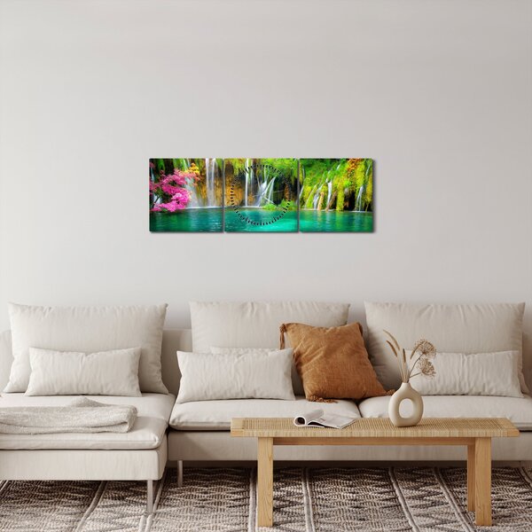 Kép - vízesés, Plitvicei-tavak, Horvátország (órával) (90x30 cm)