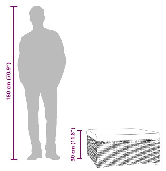Barna polyrattan kerti lábtartó párnával 70 x 70 x 30 cm