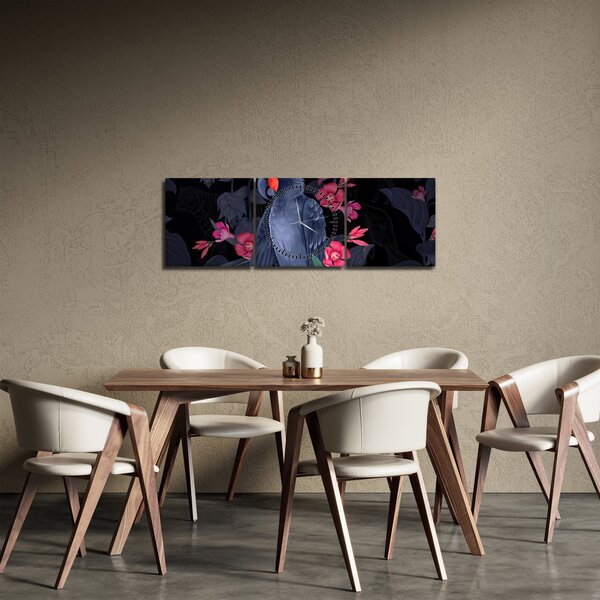 Kép - papagáj a virágok között (órával) (90x30 cm)