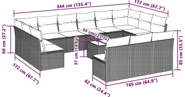 14 részes világosszürke polyrattan kerti ülőgarnitúra párnával