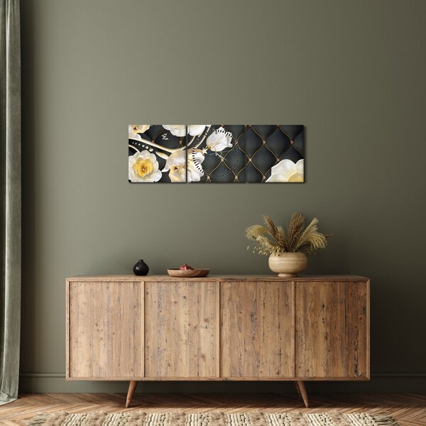 Fehér rózsa virágok képe (órával) (90x30 cm)