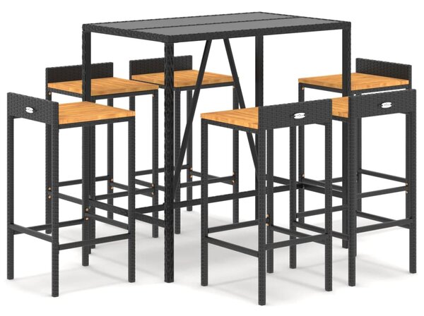 7 részes fekete polyrattan és tömör akácfa kerti bárszett