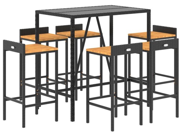 7 részes fekete polyrattan és tömör akácfa kerti bárszett