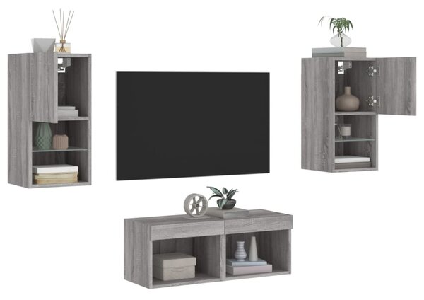 4darab szürke sonoma színű falra szerelhető TV-szekrény LED-del
