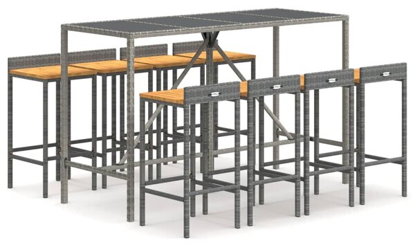 9 részes szürke polyrattan és tömör akácfa kerti bárszett