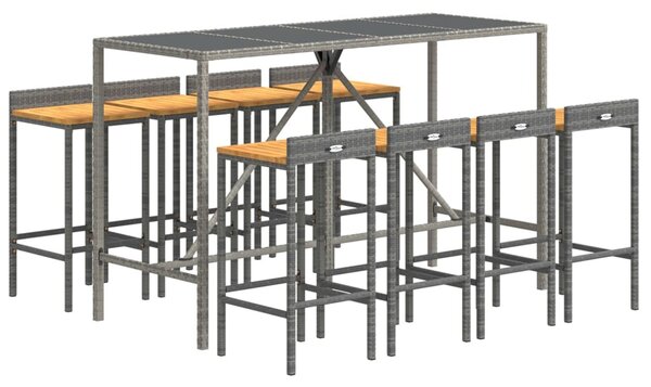 9 részes szürke polyrattan és tömör akácfa kerti bárszett