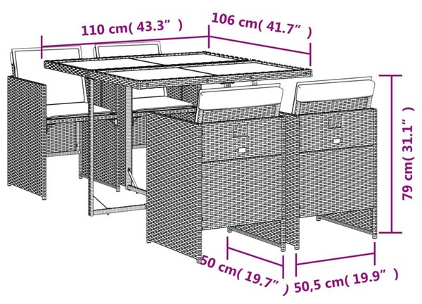 5részes világosszürke polyrattan kerti étkezőgarnitúra párnával