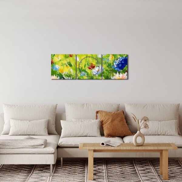 Virágzó rét képe, olajfestmény (órával) (90x30 cm)