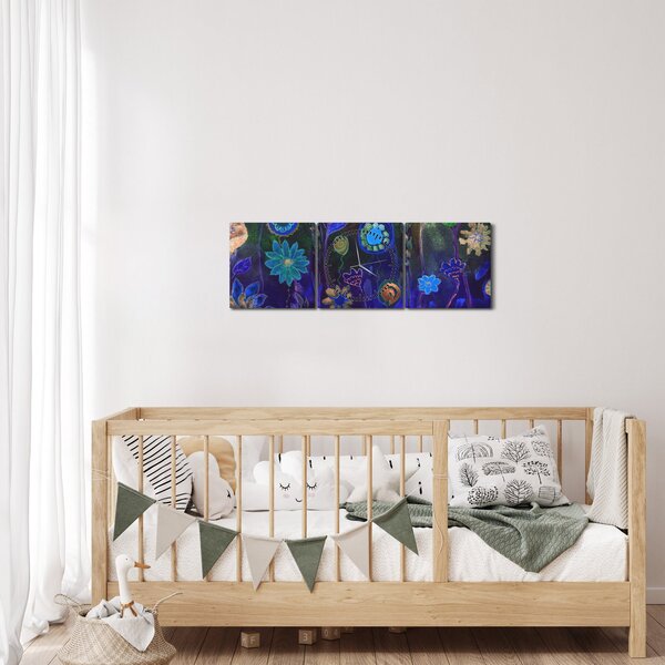 Sötétkék virágok képe (órával) (90x30 cm)